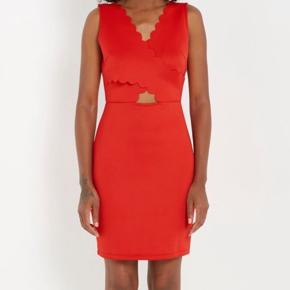 Scalloped red sheath dress criss cross